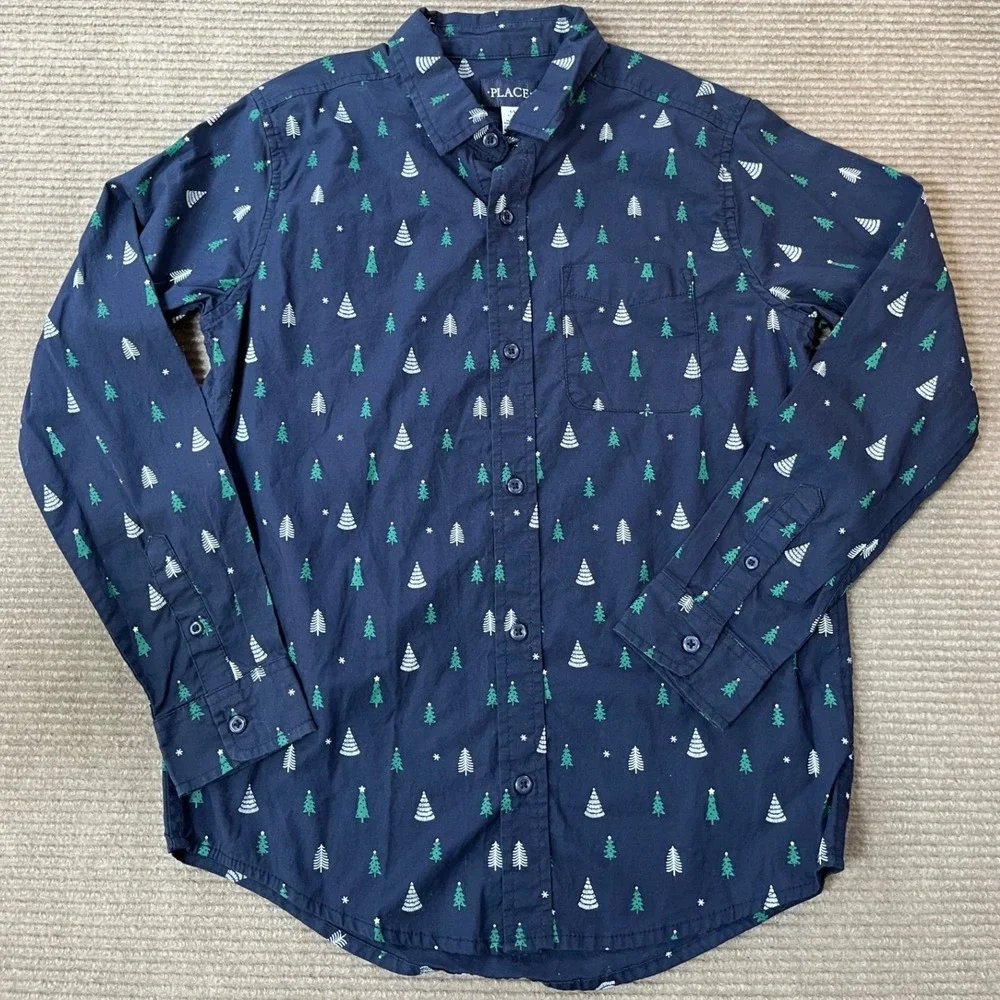 The Childrens Place Boys XL 14 Navy Blue Christmas Tree Button Down Shirt